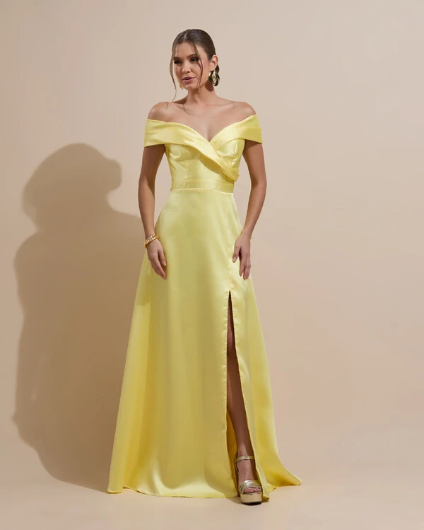 Vestido de Festa Longo Zibeline Ombro a Ombro com Fenda Amarelo Manteiga