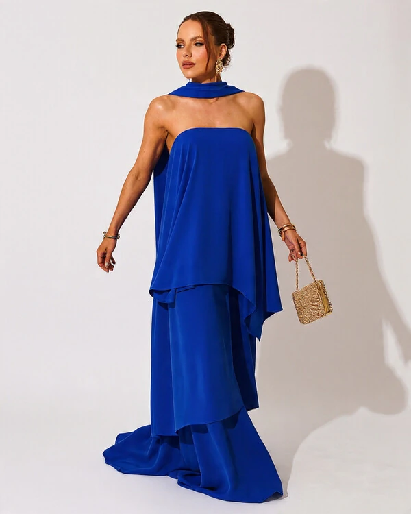 Vestido de Festa Longo Chiffon Crepe em Camadas com Lenço Azul Royal
