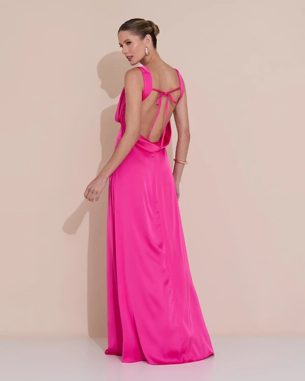 Vestido de Festa Longo Cetim Fluido Degagê Pink