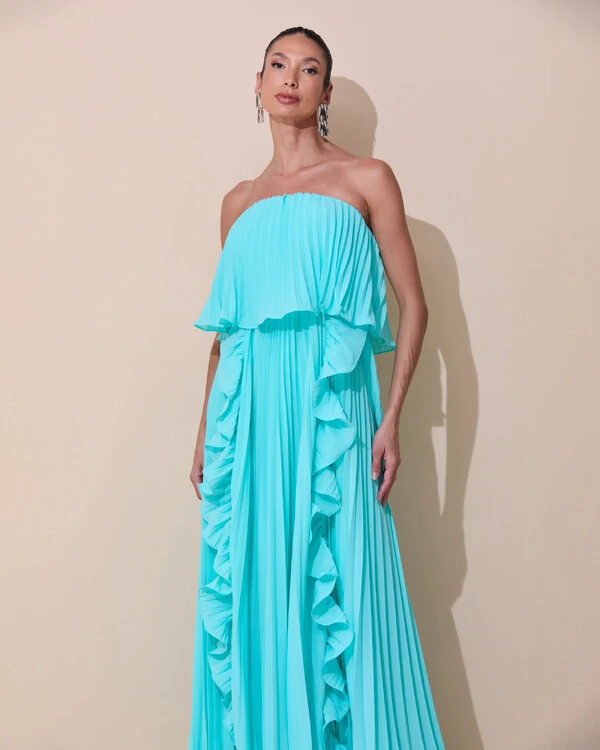 Vestido de Festa Longo Crepe Chiffon Tomara que Caia Plissado com Babado Cascata Tiffany