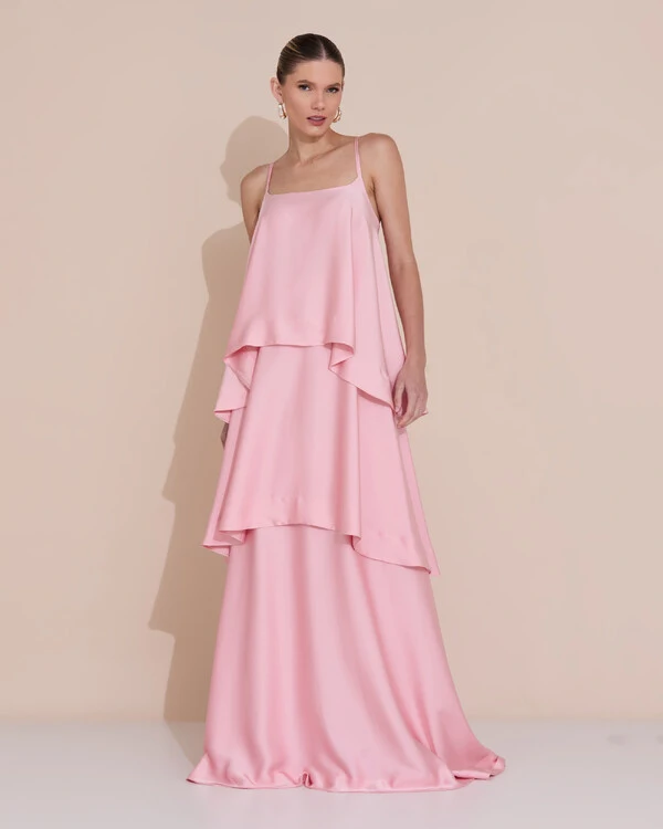Vestido de Festa Longo Decote Reto Alças Finas Cetim Camadas Rose Gold