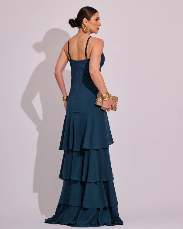 Vestido Longo Frente Única em Crepe com Babados e Camadas Verde