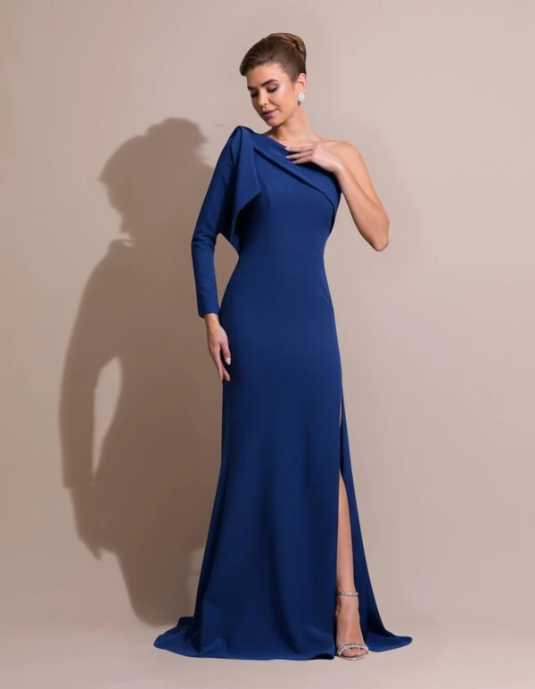 Vestido de Festa com Laço de Um Ombro em Alfaiataria Fenda Azul Royal