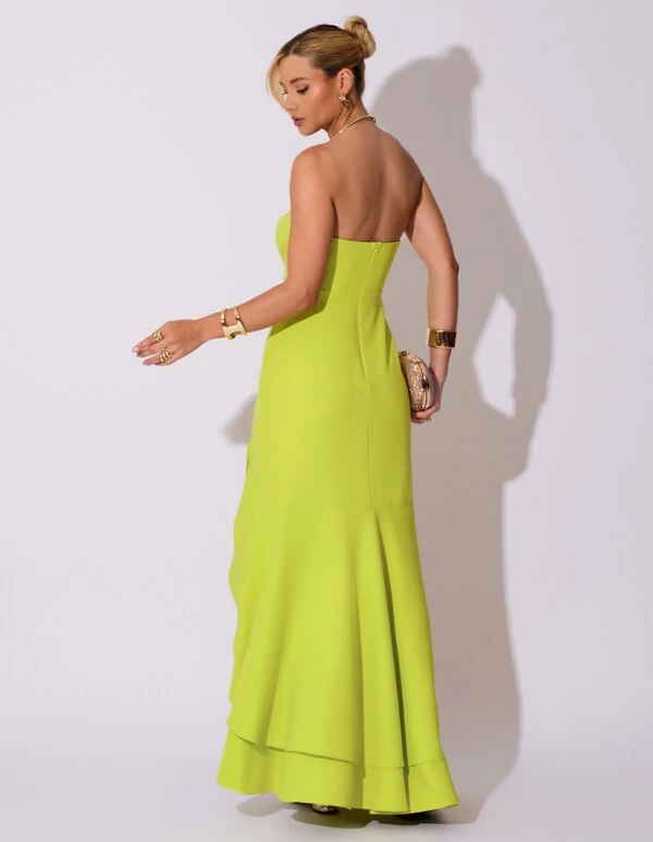 Vestido Longo com Fenda de Babados Alfaiataria Verde Lima New