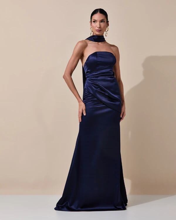 Vestido de Festa Longo Tomara que Caia Cetim Alfaiataria Drapeado Lenço Azul Marinho