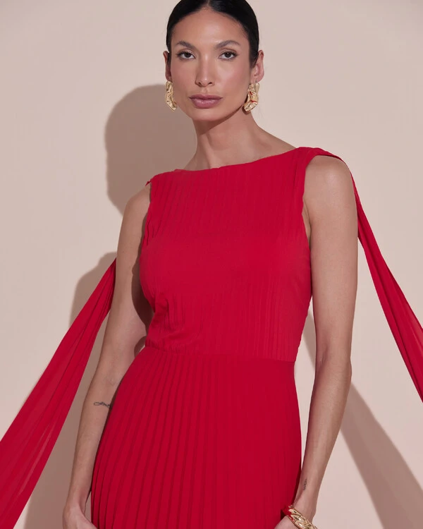 Vestido de Festa Longo Crepe Chiffon Plissado com Lenço nas Alças Vermelho