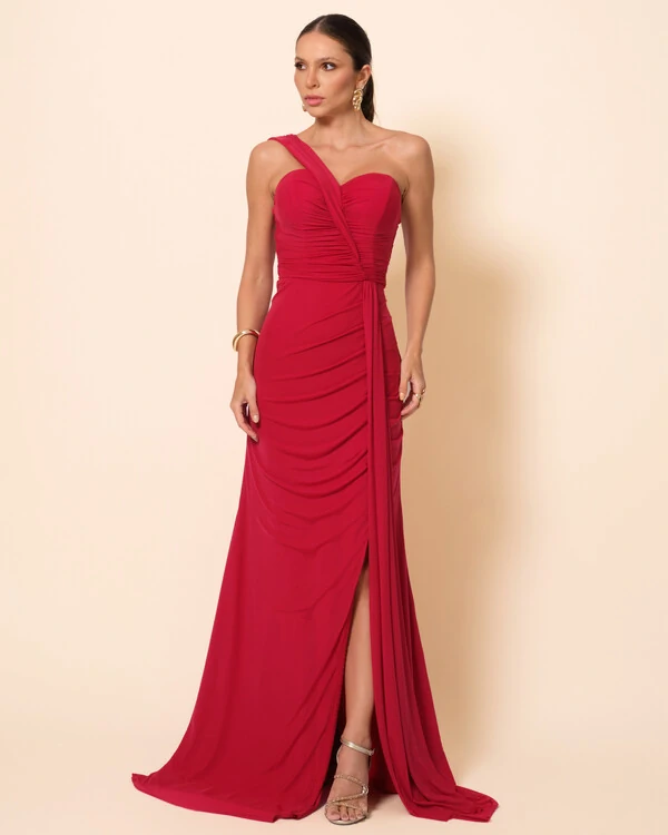 Vestido de Festa Longo Tule Tomara que Caia Faixa Cereja