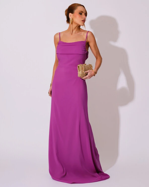 Vestido de Festa Longo Crepe Chiffon Costas Lenço Cauda Fúcsia