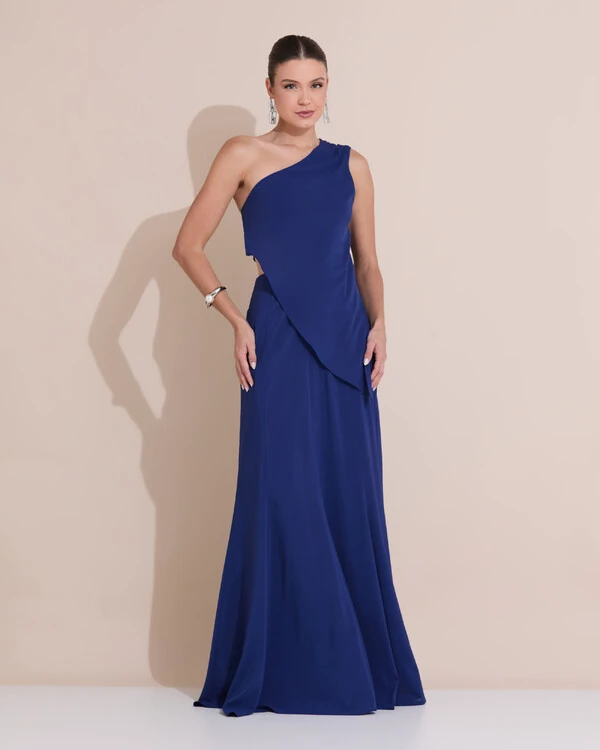 Vestido de Festa Longo Um Ombro Só Crepe Chiffon Lenço Azul Marinho