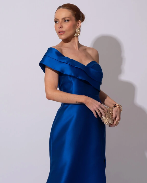 Vestido de festa Longo Zibeline Faixa Drapeada Ombro e Fenda Azul Royal