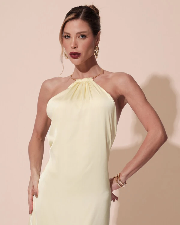 Vestido de Festa Longo Cetim Fluido com Argola Frente Única Amarelo Manteiga
