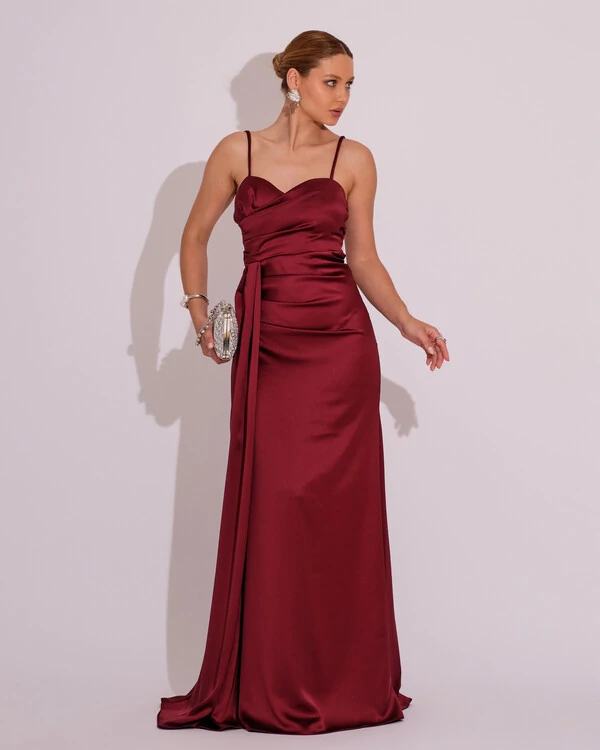 Vestido de Festa Longo Cetim Alfaiataria Fenda Drapeada Marsala