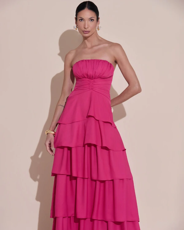 Vestido de Festa Longo Tomara que Caia Drapeado Crepe Chiffon Babados Camadas Pink Escuro