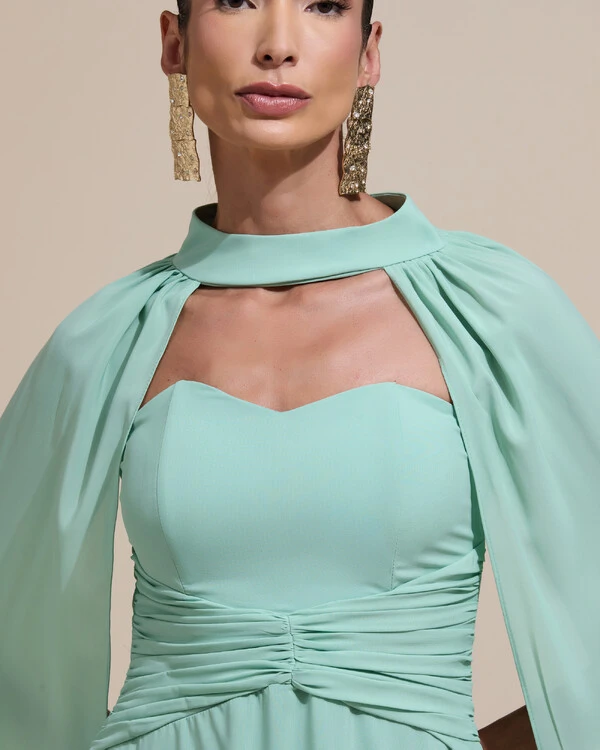 Vestido de Festa Longo Tomara Que Caia Crepe Chiffon Drapeado Capa Verde Menta