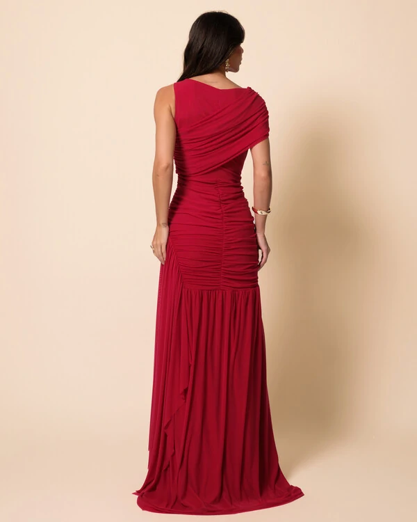 Vestido de Festa Longo Tule Faixa Detalhe Drapeado Cereja