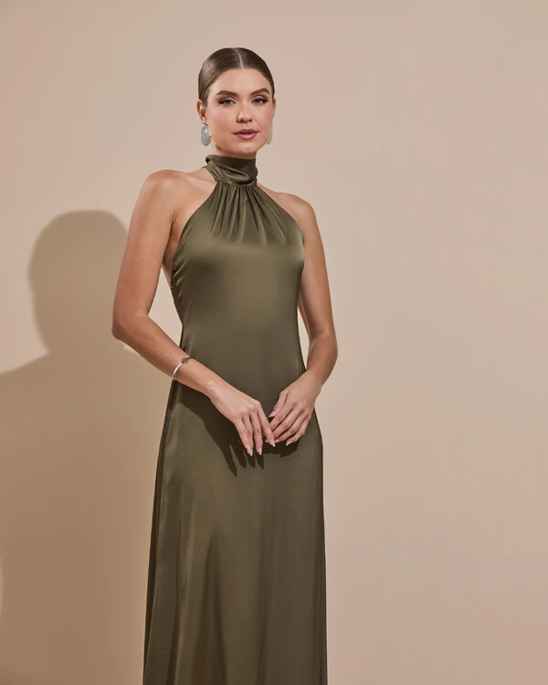 Vestido de Festa Gola Alta com Decote nas Costas Acetinado Verde Oliva