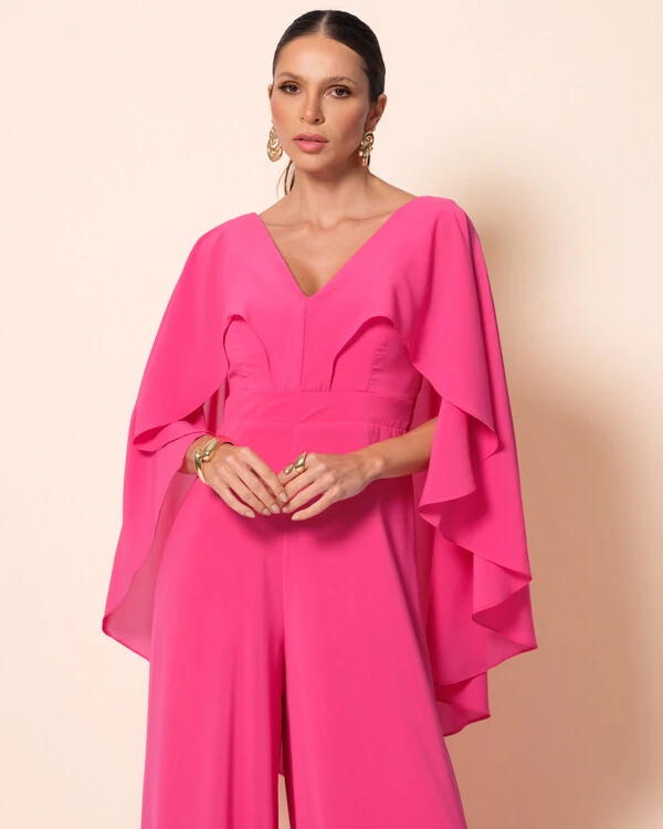 Macacão de Festa Longo Crepe Chiffon com Capa Pink New