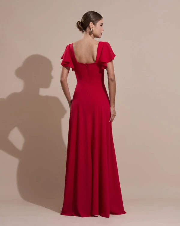 Vestido de Festa Longo Crepe Chiffon Manga Babado e Fenda Vermelho