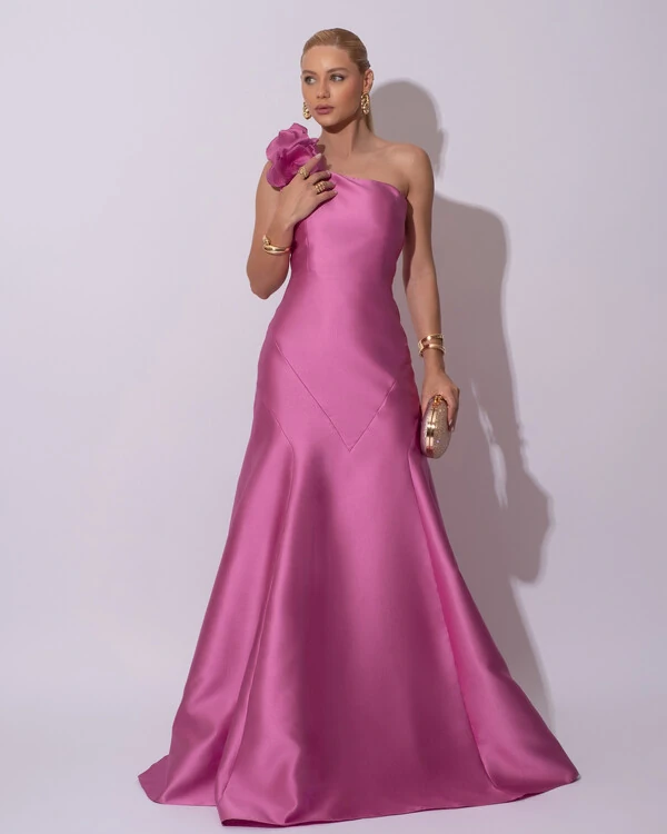 Vestido de Festa Longo Zibeline um Ombro Só Flor Removível Saia Sereia Rosa