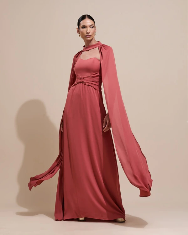 Vestido de Festa Longo Tomara Que Caia Crepe Chiffon Drapeado Capa Terracota