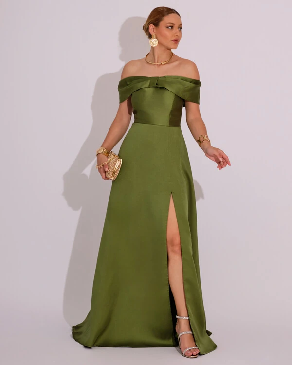 Vestido de Festa Longo Ombro a Ombro Laço Zibeline com Fenda Verde Oliva