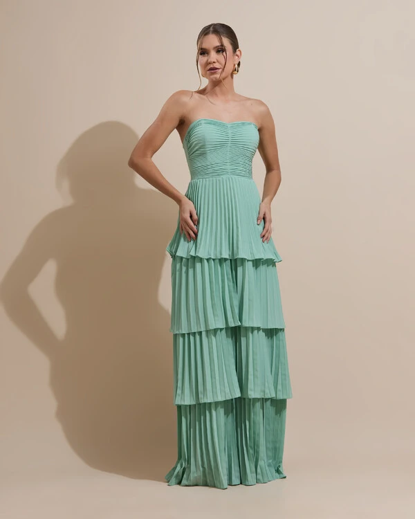 Vestido de Festa Longo Tomara que Caia Crepe Chiffon Plissado Camadas Verde Menta