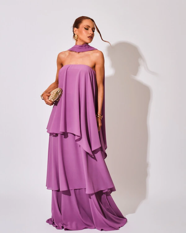 Vestido de Festa Longo Chiffon Crepe em Camadas com Lenço Fúcsia