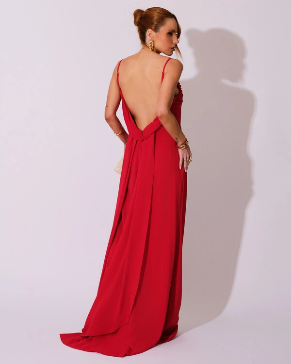 Vestido de Festa Longo Crepe Chiffon Costas Lenço Cauda Vermelho