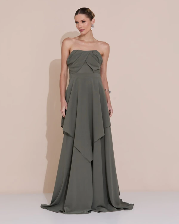 Vestido de Festa Longo Tomara que Caia Crepe Chiffon Drapeado Camadas Verde Oliva