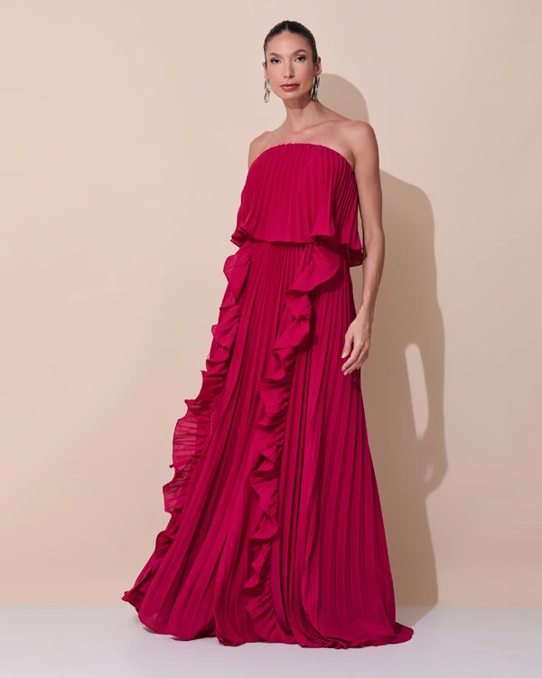 Vestido de Festa Longo Crepe Chiffon Tomara que Caia Plissado com Babado Cascata Cereja