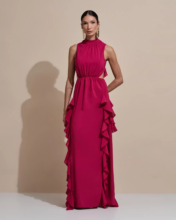 Vestido de Festa Longo Gola Alta Crepe Chiffon Recortes Babados Cascata Cereja