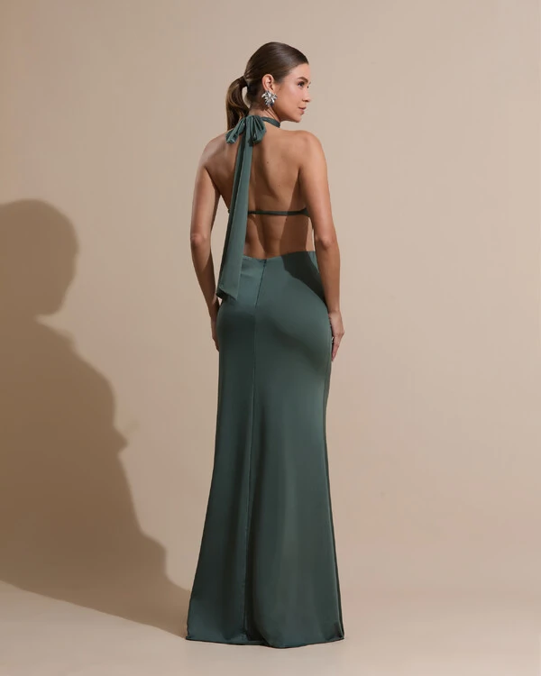 Vestido de Festa Longo Malha Jersey Gola Alta Saia Sereia Verde Oliva