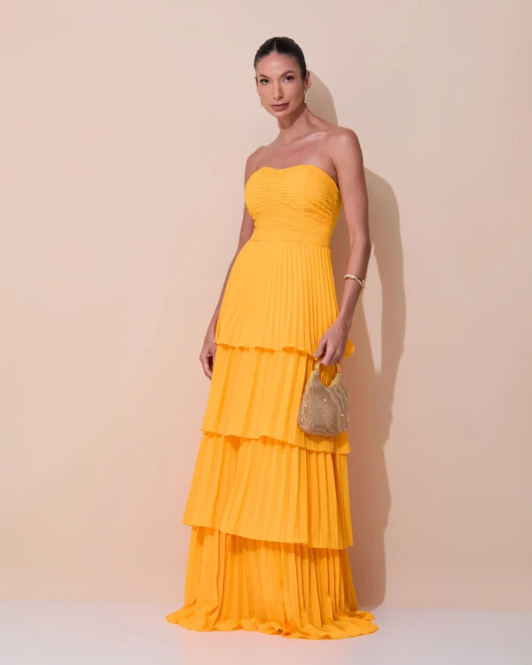 Vestido de Festa Longo Tomara que Caia Crepe Chiffon Plissado Camadas Laranja Manga New