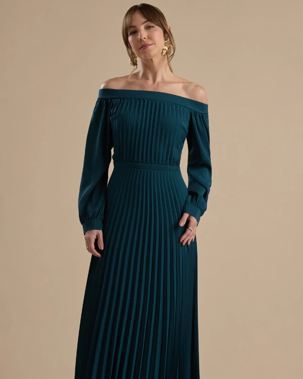 Vestido de Festa Longo Crepe Chiffon Plissado Ombro a Ombro Verde Escuro