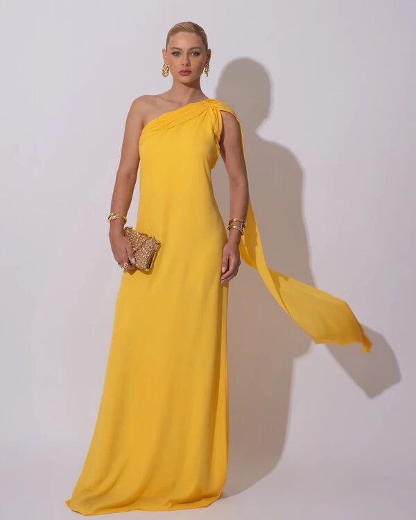 Vestido de Festa Longo Crepe Chiffon Um Ombro Só Drapeado Lenço Fixo Amarelo