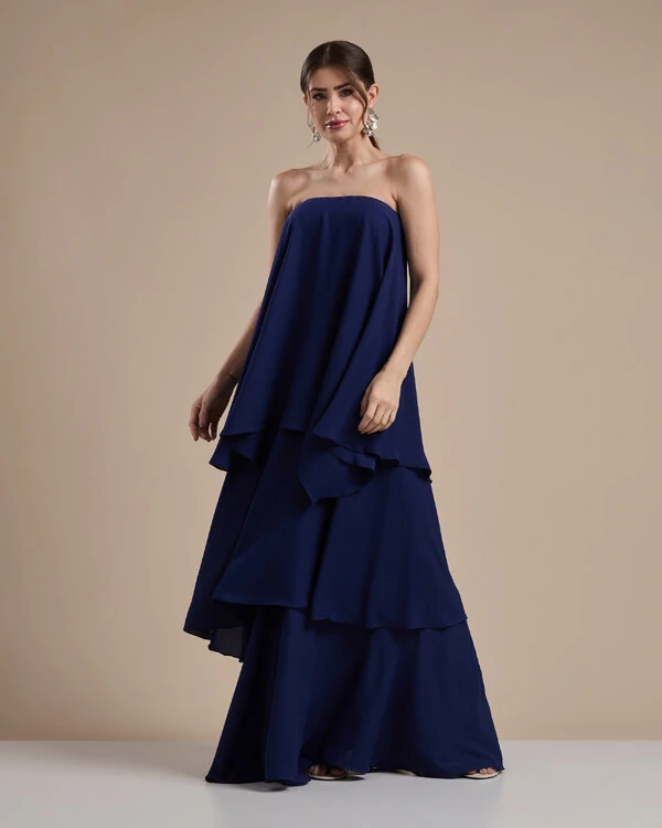 Vestido de Festa Longo Chiffon Crepe em Camadas com Lenço Azul Marinho