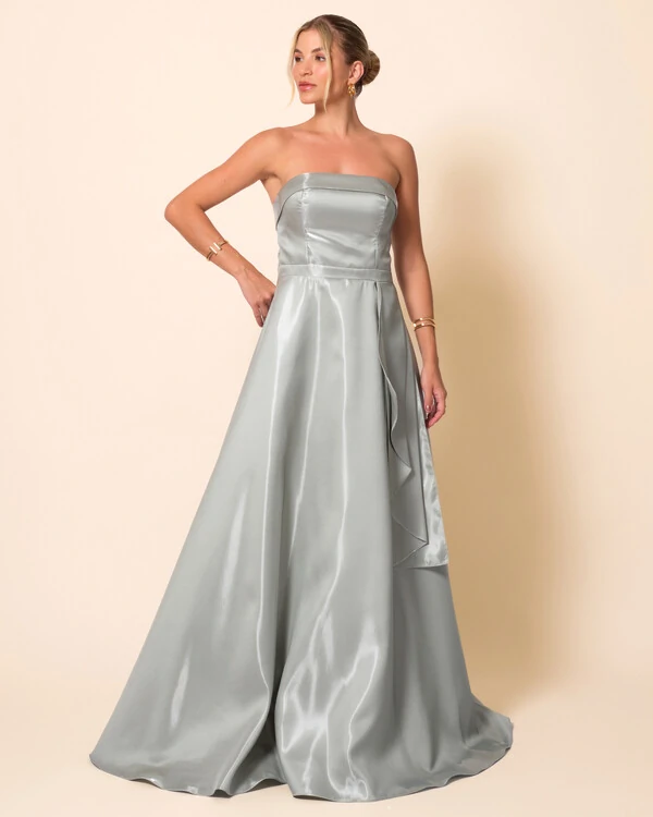 Vestido de Festa Longo Cetim Cristal Tomara que Caia Detalhe Verde Menta