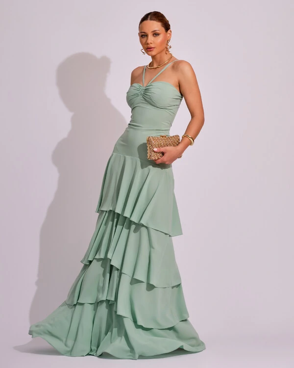 Vestido Longo Frente Única em Crepe com Babados e Camadas Verde Menta