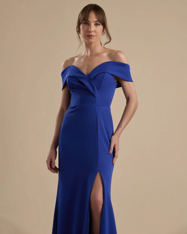 Vestido de Festa Longo Alfaiataria Ombro a Ombro com Fenda Azul Royal