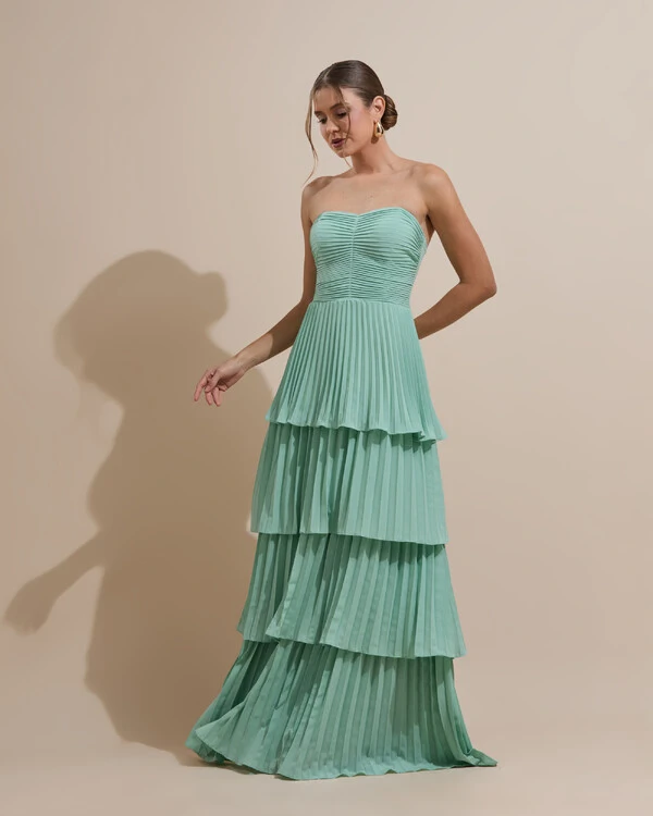 Vestido de Festa Longo Tomara que Caia Crepe Chiffon Plissado Camadas Verde Menta