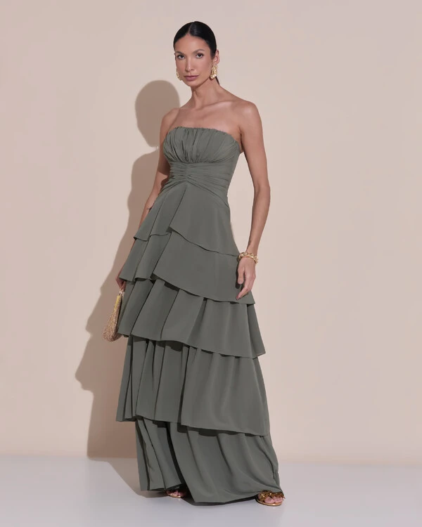Vestido de Festa Longo Tomara que Caia Drapeado Crepe Chiffon Babados Camadas Verde Oliva