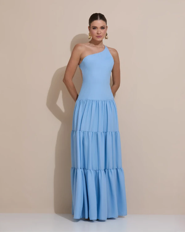 Vestido de Festa Longo Um ombro Só Crepe Chiffon Saia Fluida Serenity