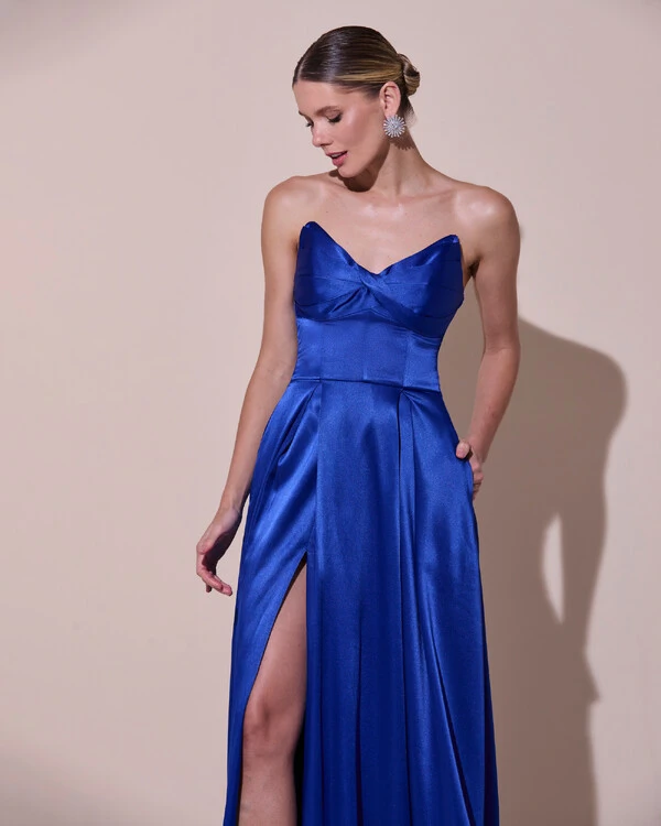 Vestido de Festa Longo Tomara que Caia Cetim Decote Coração Fenda Azul Royal
