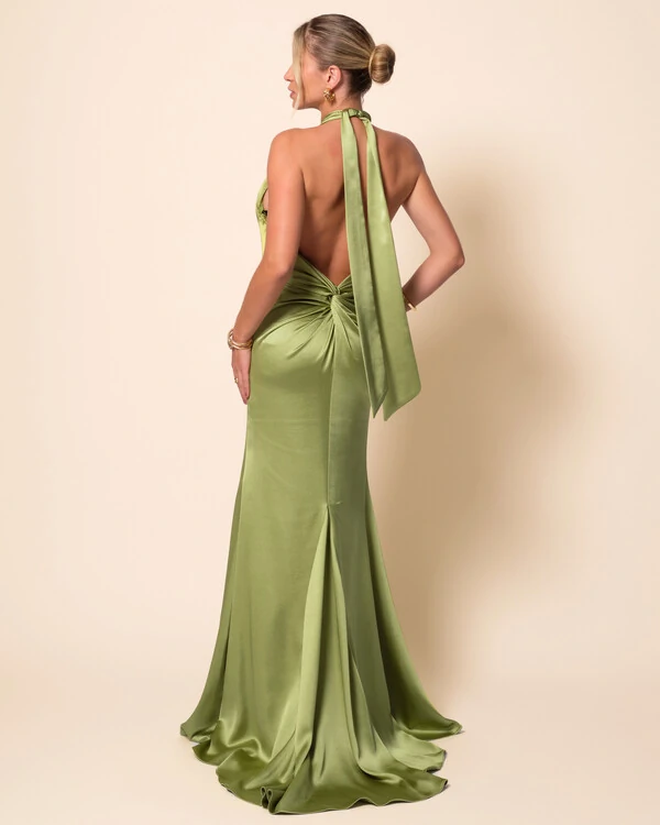 Vestido de Festa Longo em Cetim Alfaiataria com Elastano Frente Única Verde Pistache
