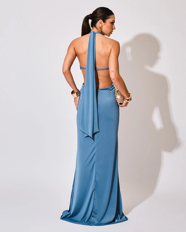 Vestido de Festa Longo Malha Jersey Gola Alta Saia Sereia Azul Atlantis