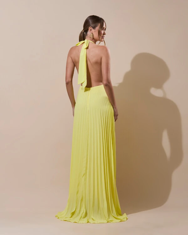 Vestidos de Festa Longo Chiffon Fluido Frente Única Plissado Duplo Amarelo Manteiga