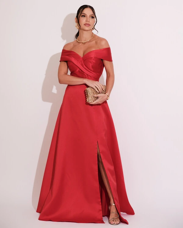 Vestido de Festa Longo Zibeline Ombro a Ombro com Fenda Vermelho