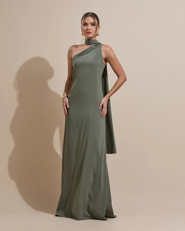 Vestido de Festa Longo Crepe Chiffon Um Ombro Só Drapeado Verde Oliva