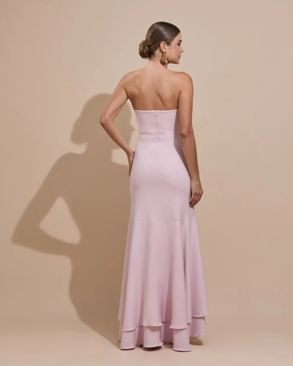 Vestido Longo com Fenda de Babados Alfaiataria Rosa Claro