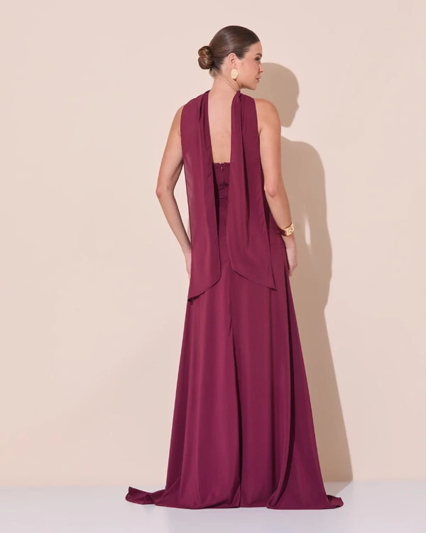 Vestido de Festa Longo Decote Coração Crepe Chiffon Drapeado Plissado Lenço Marsala